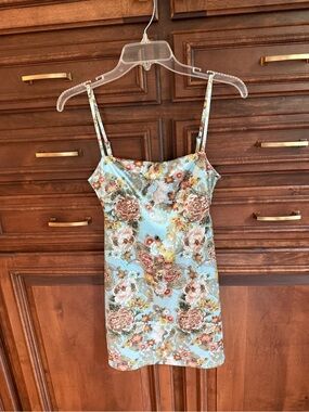Urban Outfitters Baby Blue Floral Satin Slip Mini Dress